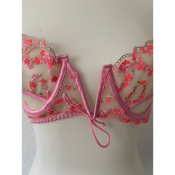 For Love & Lemons Bra Lingerie Floral Bouquet Plunge Sheer Pink - Picture 2 of 12
